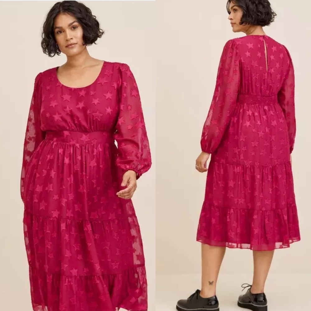 Torrid Midi Clip Dot Chiffon Tiered Dress Maroon Size 6